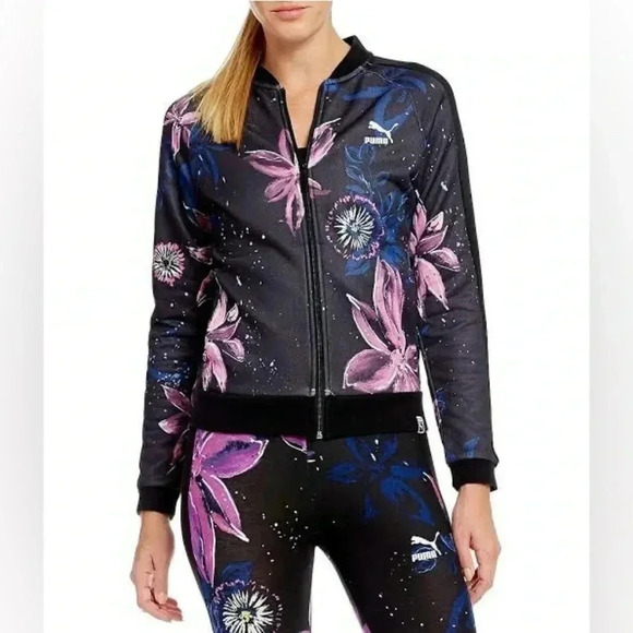 Puma Archive T7 Track Zip Up Track Jacket Black Purple Floral Sporty Women Sz XS - Picture 1 of 11